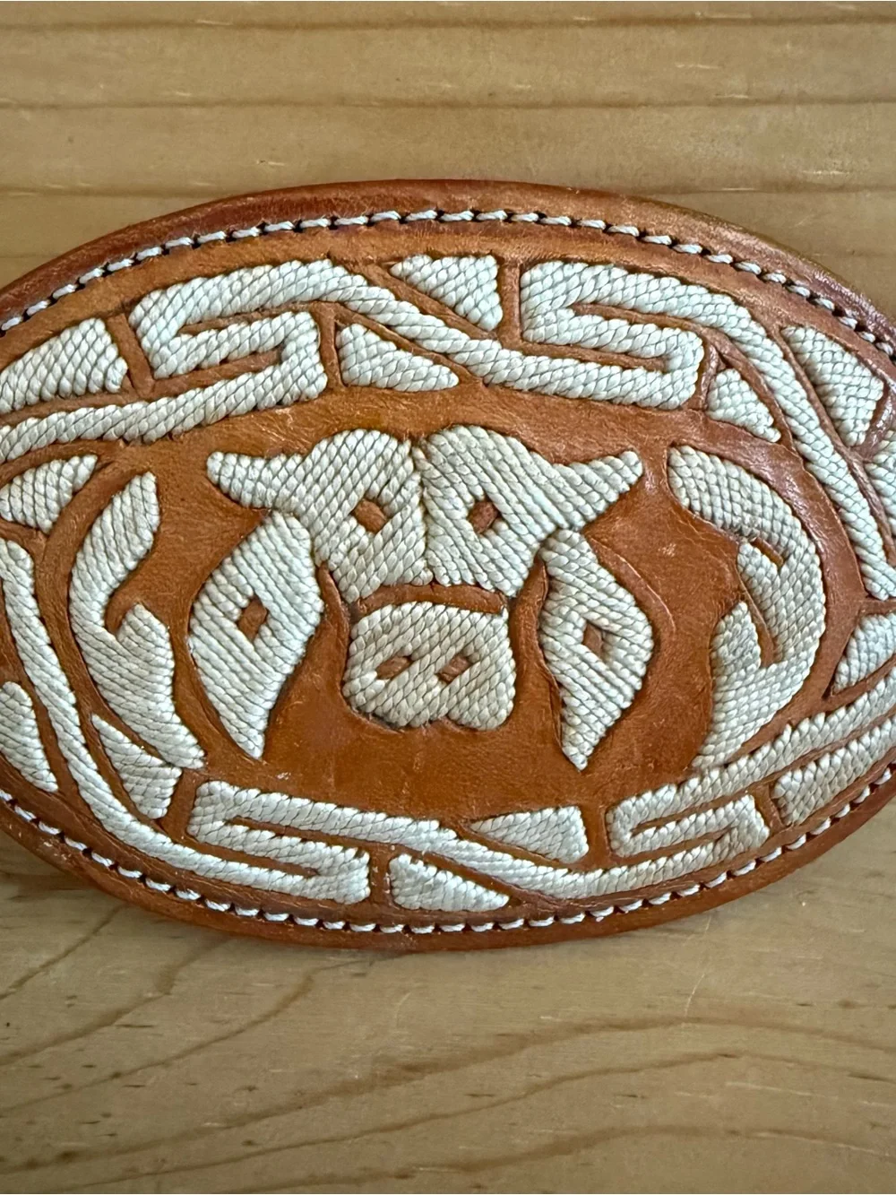 Vintage Handcrafted Belt Buckle Leather & Embroidered Bull Mexico South Western
